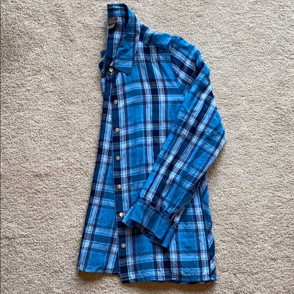 Blue plaid button up shirt